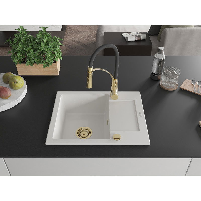 Mexen Enzo granite sink 1-bowl with drainer and Aster kitchen tap, white - 6506-20-73450-57-G