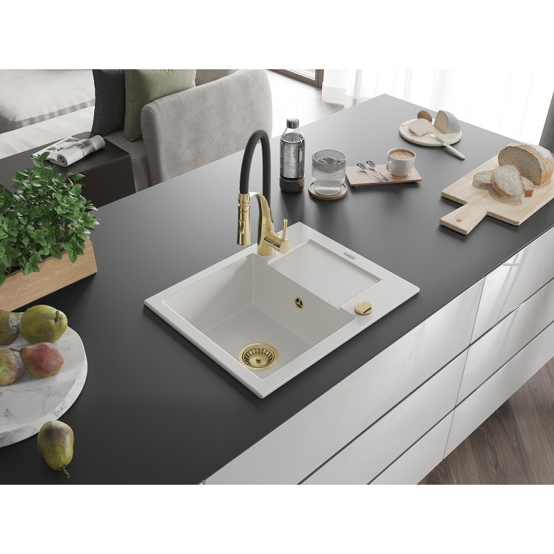 Mexen Enzo 1-bowl granite kitchen sink with drainer and Aster kitchen faucet, white - 6506-20-73450-57-G