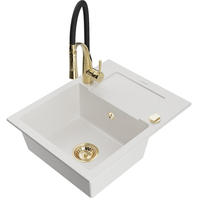 Mexen Enzo 1-bowl granite kitchen sink with drainer and Aster kitchen faucet, white - 6506-20-73450-57-G