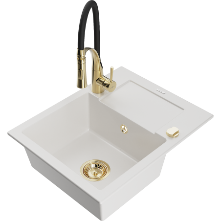 Mexen Enzo 1-bowl granite kitchen sink with drainer and Aster kitchen faucet, white - 6506-20-73450-57-G