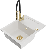Mexen Enzo granite sink 1-bowl with drainer and Aster kitchen tap, white - 6506-20-73450-57-G