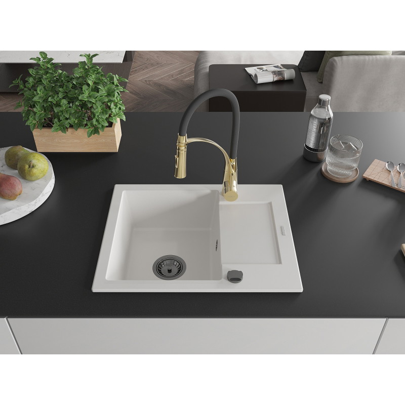 Mexen Enzo 1-bowl granite sink with drainer and Aster kitchen faucet, white - 6506-20-73450-57-B