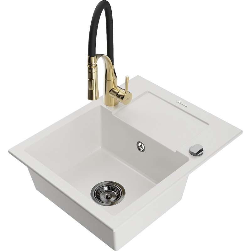 Mexen Enzo 1-bowl granite sink with drainer and Aster kitchen faucet, white - 6506-20-73450-57-B