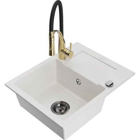 Mexen Enzo granite kitchen sink 1-bowl with drainer and kitchen faucet Aster, white - 6506-20-73450-57-B