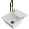 Mexen Enzo 1-bowl granite sink with drainer and Aster kitchen faucet, white - 6506-20-73450-57-B