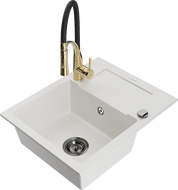 Mexen Enzo granite kitchen sink 1-bowl with drainer and Aster kitchen tap, white - 6506-20-73450-57-B