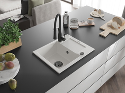 Mexen Enzo 1-compartment granite sink with a drip tray and kitchen mixer tap Aster, White - 6506-20-73450-70-B