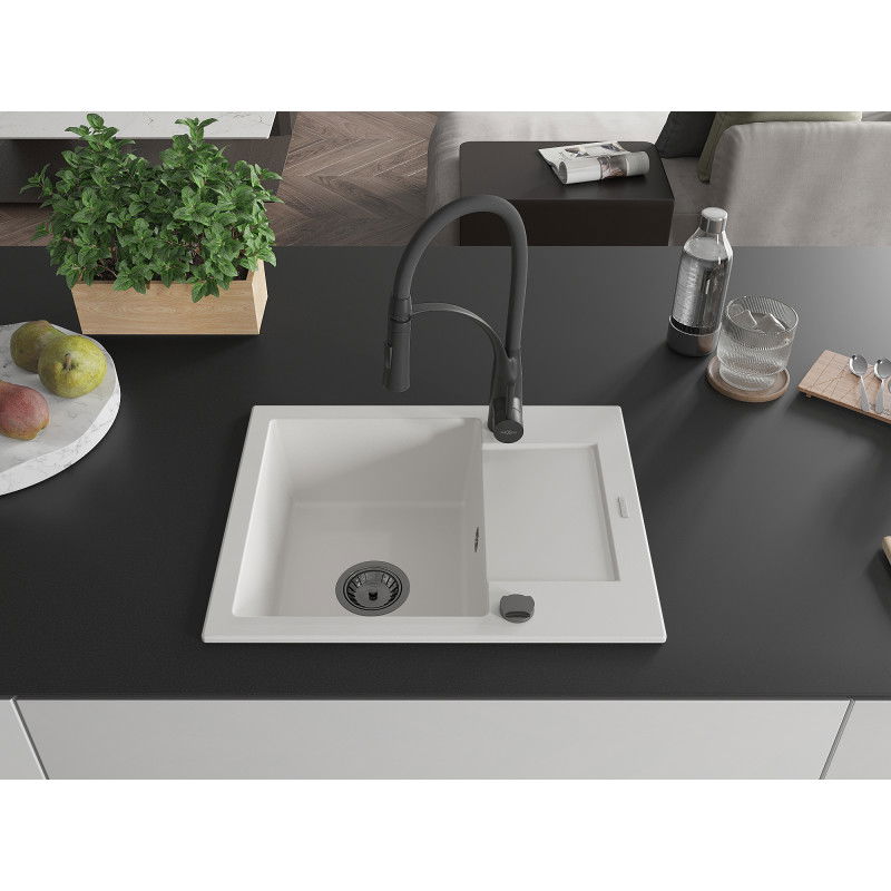 Mexen Enzo 1-Bowl Granite Sink with Drainer and Aster Kitchen Tap, White - 6506-20-73450-70-B