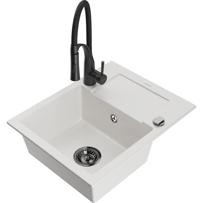 Mexen Enzo 1-Bowl Granite Sink with Drainer and Aster Kitchen Tap, White - 6506-20-73450-70-B