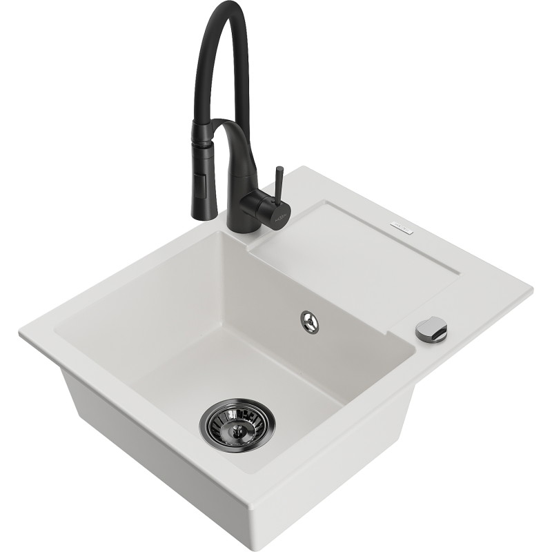 Mexen Enzo granite single-bowl kitchen sink with drainboard and Aster faucet, white - 6506-20-73450-70-B