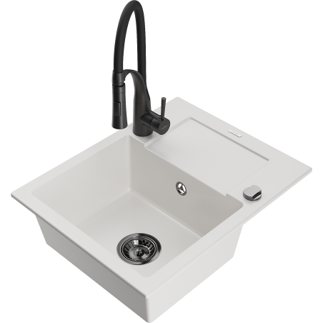 Mexen Enzo 1-Bowl Granite Sink with Drainer and Aster Kitchen Tap, White - 6506-20-73450-70-B