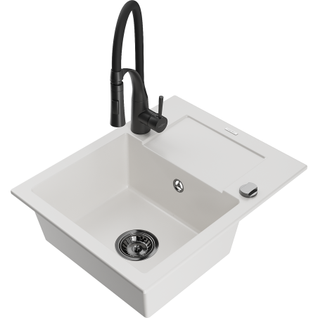 Mexen Enzo granite single-bowl kitchen sink with drainboard and Aster faucet, white - 6506-20-73450-70-B