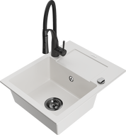Mexen Enzo 1-compartment granite sink with a drip tray and kitchen mixer tap Aster, White - 6506-20-73450-70-B