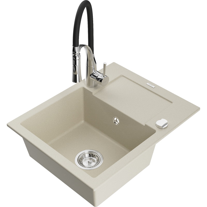 Mexen Enzo granite kitchen sink 1-bowl with drainer and Aster kitchen faucet, beige - 6506-69-73450-07