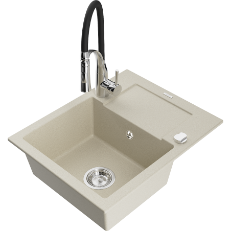 Mexen Enzo 1-bowl granite sink with drainer and kitchen faucet Aster, beige - 6506-69-73450-07