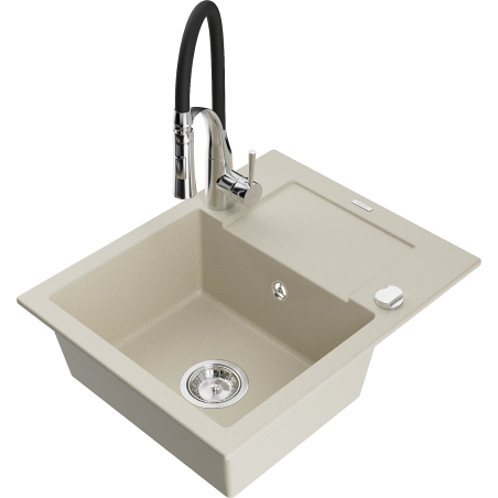 Mexen Enzo granite kitchen sink 1-bowl with drainer and Aster kitchen faucet, beige - 6506-69-73450-07