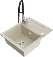 Mexen Enzo 1-compartment granite sink with a drip tray and kitchen mixer tap Aster, Beige - 6506-69-73450-07