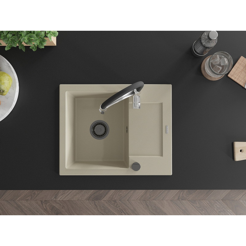 Mexen Enzo granite kitchen sink single-bowl with drainer and Aster kitchen faucet, beige - 6506-69-73450-07-B