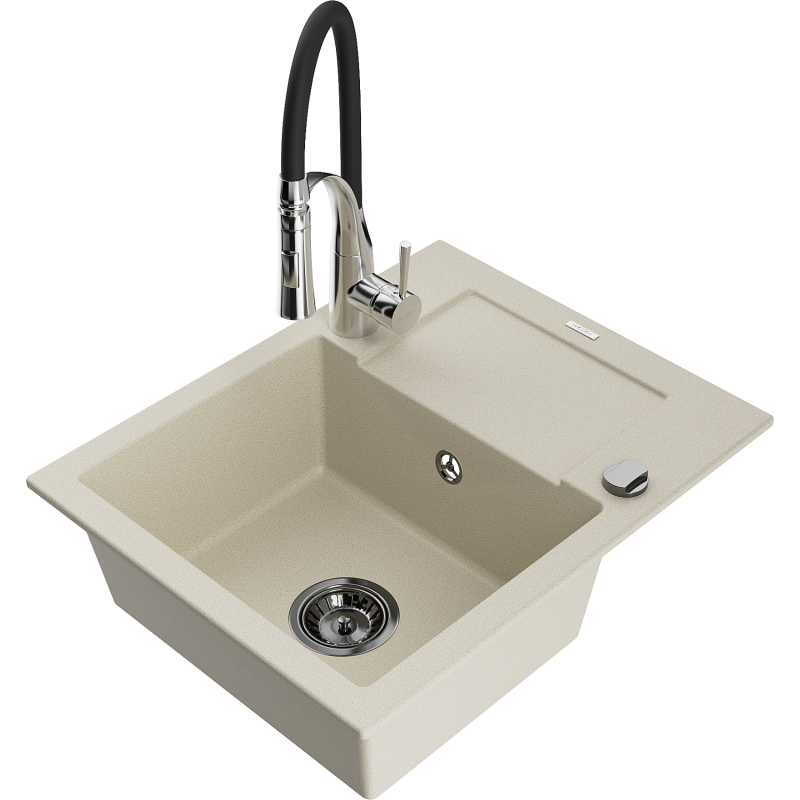 Mexen Enzo 1-compartment granite sink with a drip tray and kitchen mixer tap Aster, Beige - 6506-69-73450-07-B