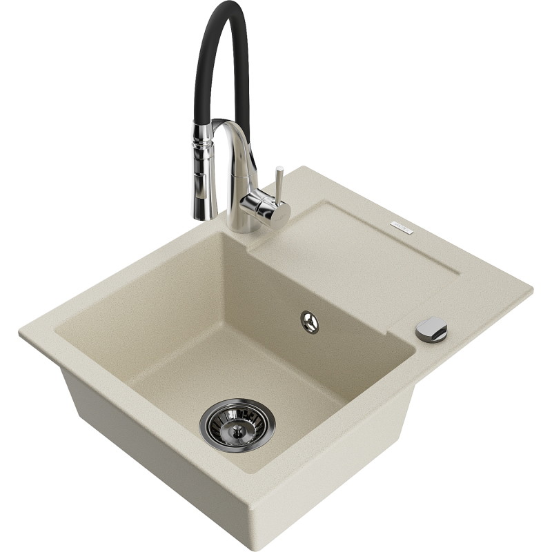 Mexen Enzo granite kitchen sink single-bowl with drainer and kitchen faucet Aster, beige - 6506-69-73450-07-B
