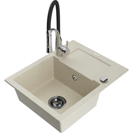 Mexen Enzo granite kitchen sink single-bowl with drainer and Aster kitchen faucet, beige - 6506-69-73450-07-B
