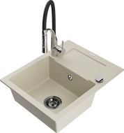 Mexen Enzo granite kitchen sink single-bowl with drainer and kitchen faucet Aster, beige - 6506-69-73450-07-B
