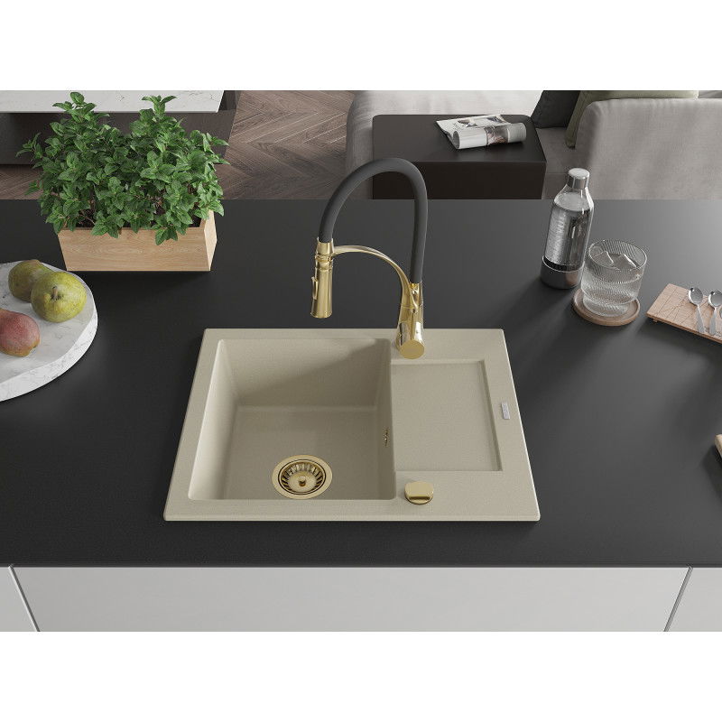 Mexen Enzo granite sink 1-bowl with drainer and Aster kitchen tap, beige - 6506-69-73450-57-G