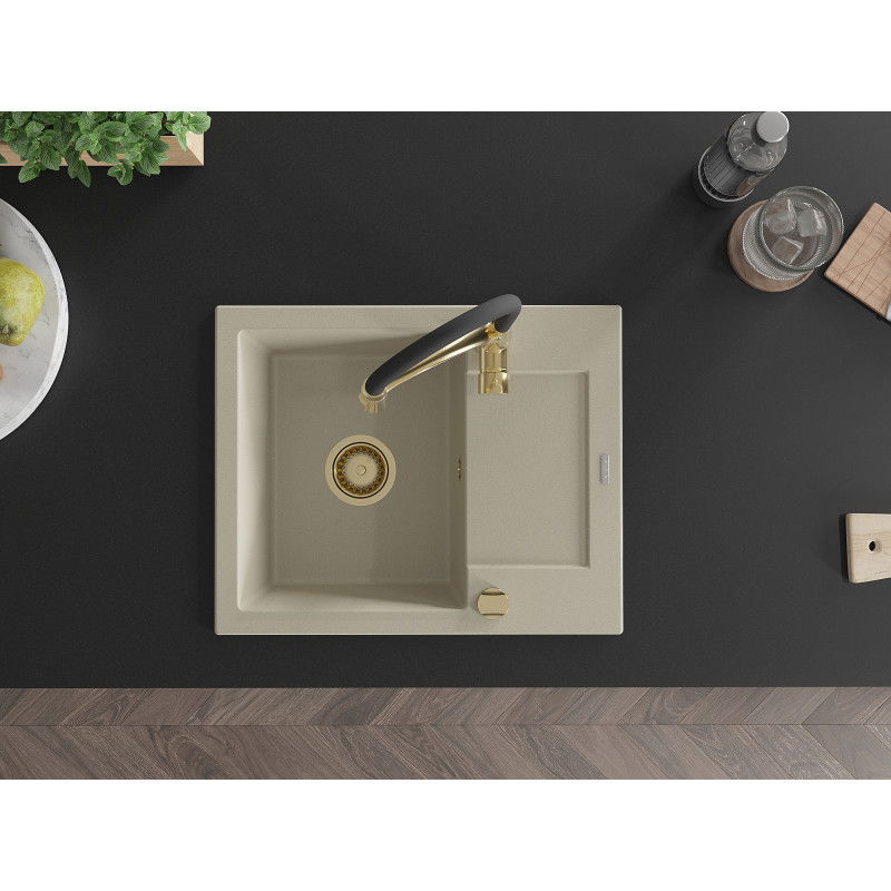 Mexen Enzo granite sink 1-bowl with drainer and Aster kitchen tap, beige - 6506-69-73450-57-G