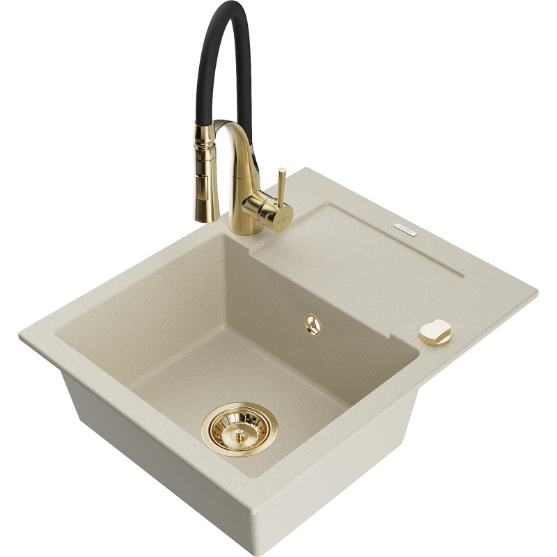 Mexen Enzo 1-bowl granite sink with drainer and Aster kitchen faucet, beige - 6506-69-73450-57-G