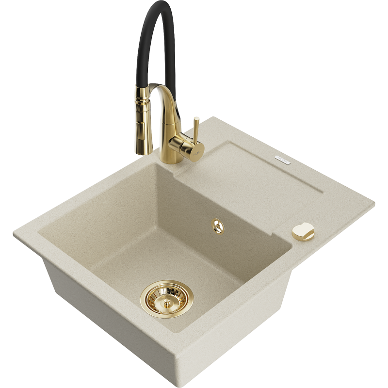 Mexen Enzo 1-compartment granite sink with a drip tray and kitchen mixer tap Aster, Beige - 6506-69-73450-57-G