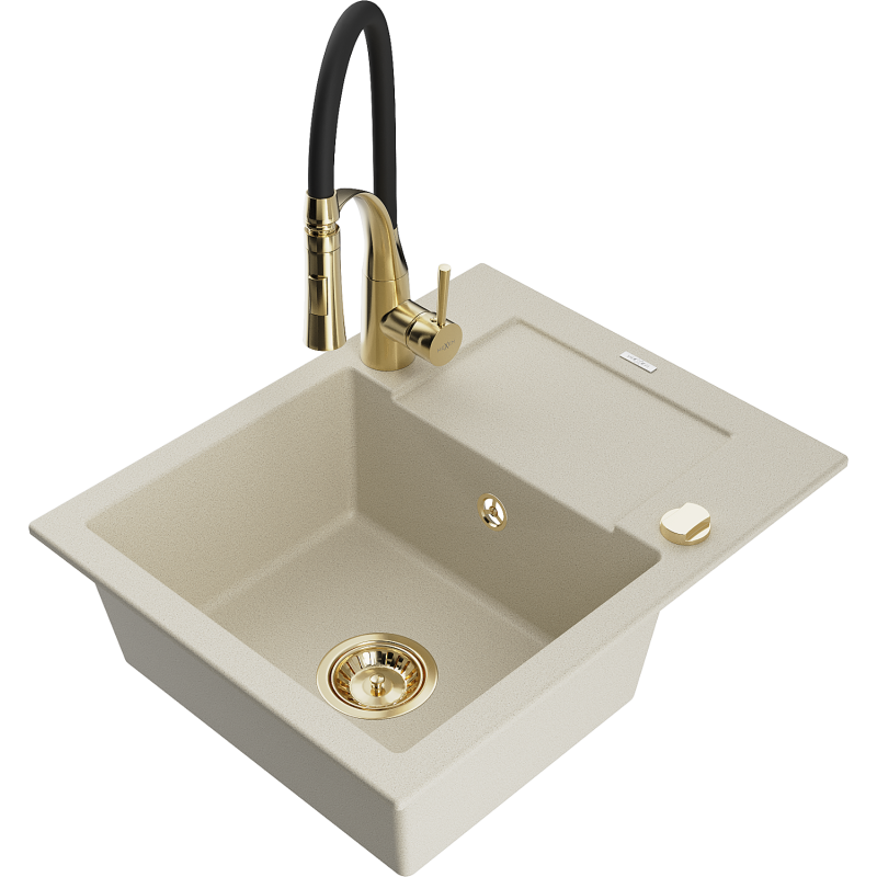 Mexen Enzo granite sink 1-bowl with drainer and Aster kitchen tap, beige - 6506-69-73450-57-G