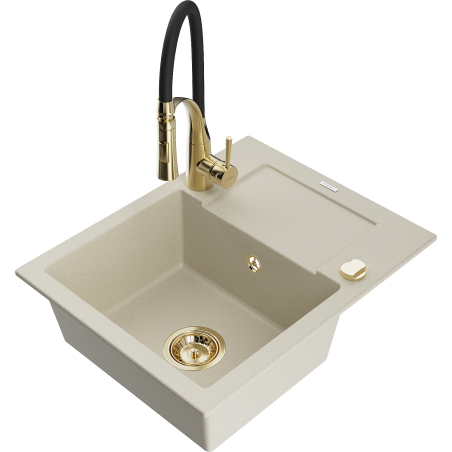 Mexen Enzo 1-bowl granite sink with drainer and Aster kitchen faucet, beige - 6506-69-73450-57-G