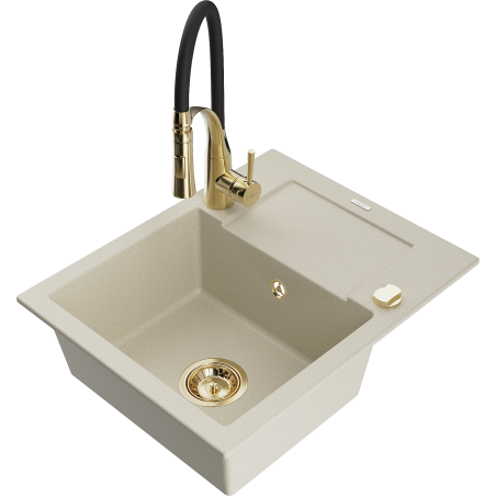 Mexen Enzo granite sink 1-bowl with drainer and Aster kitchen tap, beige - 6506-69-73450-57-G