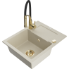 Mexen Enzo 1-bowl granite sink with drainer and Aster kitchen faucet, beige - 6506-69-73450-57-G