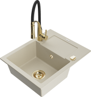 Mexen Enzo 1-compartment granite sink with a drip tray and kitchen mixer tap Aster, Beige - 6506-69-73450-57-G