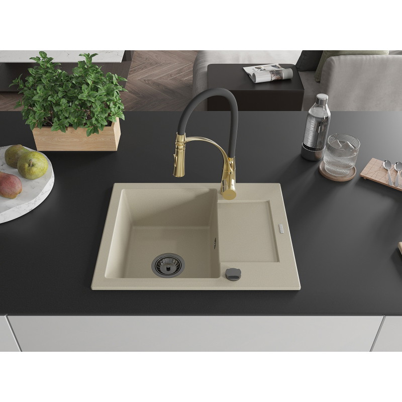 Mexen Enzo 1-bowl granite sink with drainer and Aster kitchen faucet, beige - 6506-69-73450-57-B