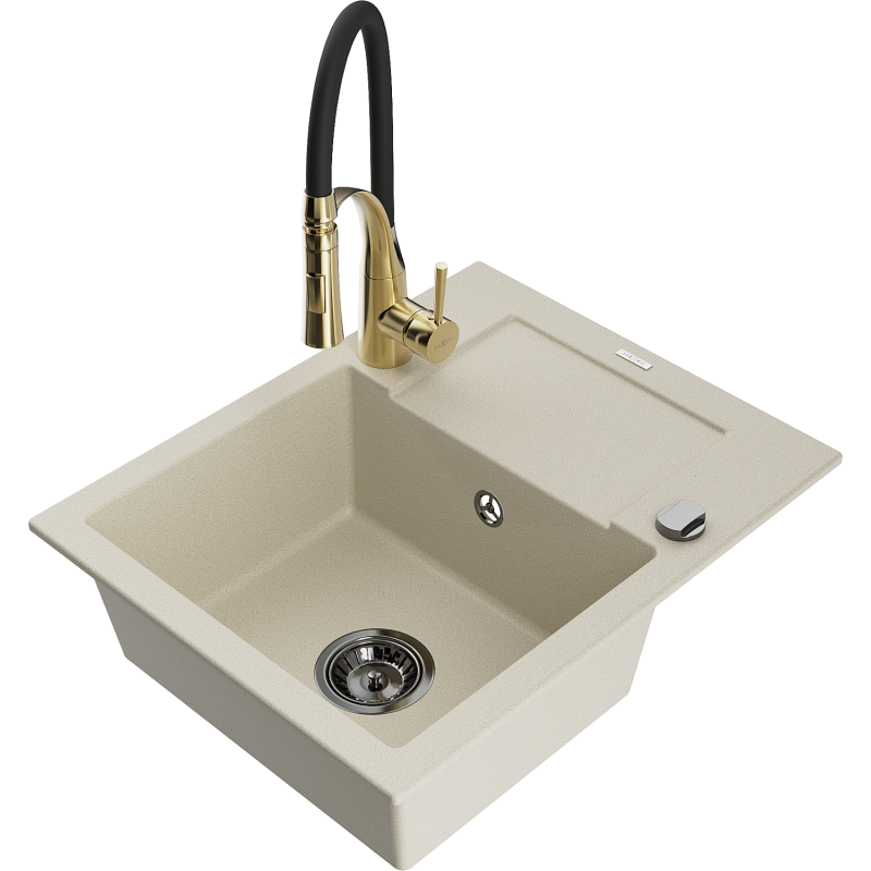 Mexen Enzo 1-compartment granite sink with a drip tray and kitchen mixer tap Aster, Beige - 6506-69-73450-57-B
