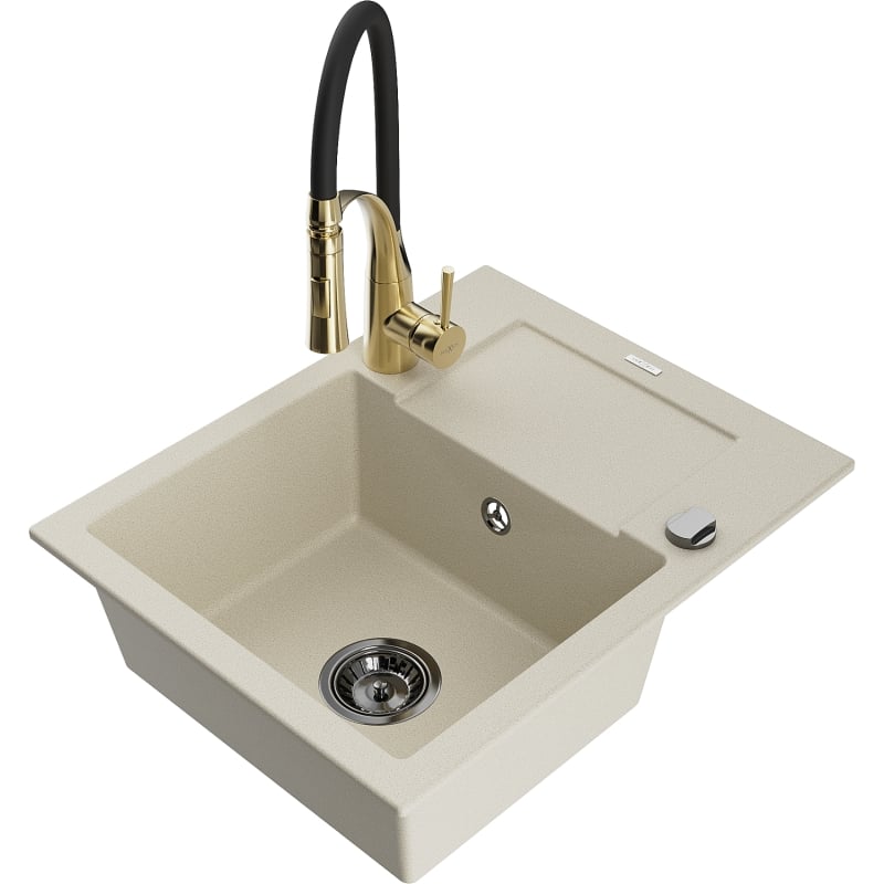 Mexen Enzo granite kitchen sink 1-bowl with drainer and kitchen faucet Aster, beige - 6506-69-73450-57-B