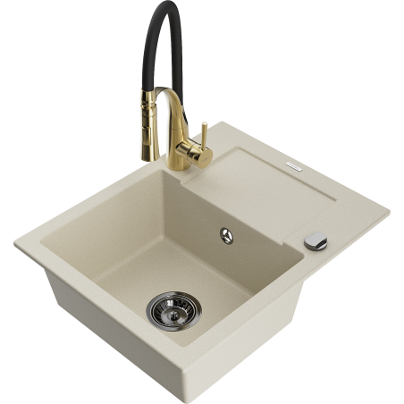 Mexen Enzo 1-bowl granite sink with drainer and Aster kitchen faucet, beige - 6506-69-73450-57-B