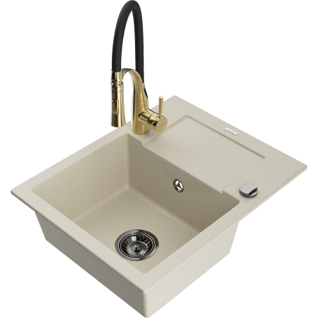 Mexen Enzo 1-bowl granite sink with drainer and Aster kitchen tap, beige - 6506-69-73450-57-B