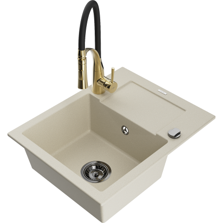 Mexen Enzo granite kitchen sink 1-bowl with drainer and kitchen faucet Aster, beige - 6506-69-73450-57-B