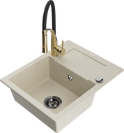 Mexen Enzo 1-bowl granite sink with drainer and Aster kitchen tap, beige - 6506-69-73450-57-B