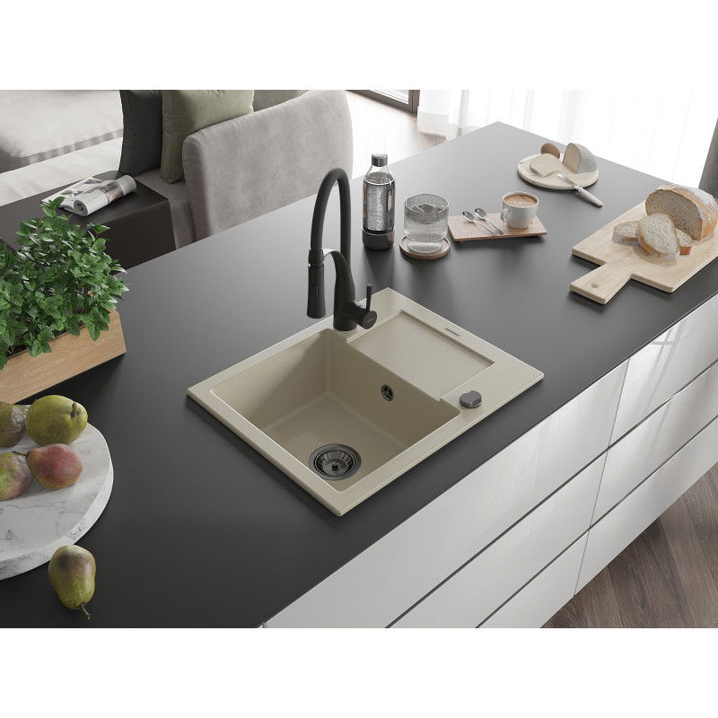 Mexen Enzo 1-bowl granite sink with drainer and Aster kitchen tap, beige - 6506-69-73450-70-B