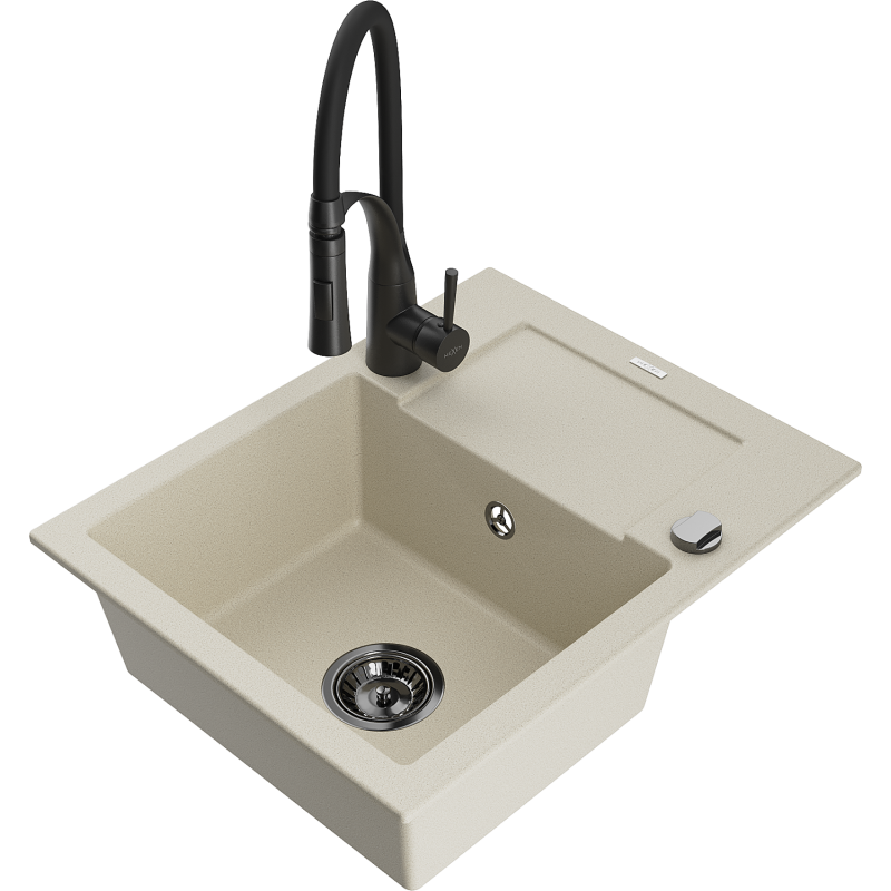 Mexen Enzo 1-compartment granite sink with a drip tray and kitchen mixer tap Aster, Beige - 6506-69-73450-70-B