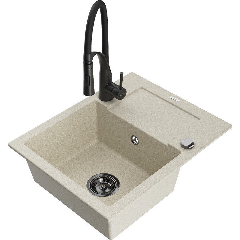 Mexen Enzo granite kitchen sink 1-bowl with drainer and Aster kitchen faucet, beige - 6506-69-73450-70-B