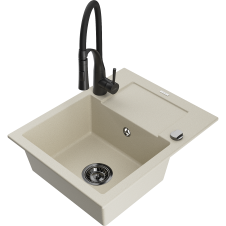 Mexen Enzo 1-bowl granite sink with drainer and Aster kitchen tap, beige - 6506-69-73450-70-B