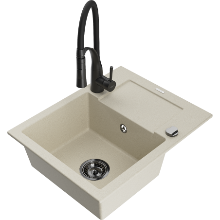 Mexen Enzo granite kitchen sink 1-bowl with drainer and Aster kitchen faucet, beige - 6506-69-73450-70-B