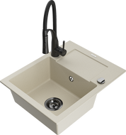 Mexen Enzo granite sink 1-bowl with drainer and Aster kitchen faucet, beige - 6506-69-73450-70-B