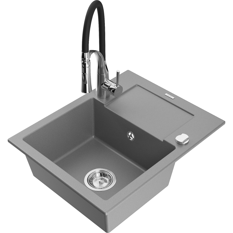 Mexen Enzo 1-compartment granite sink with a drip tray and kitchen mixer tap Aster, Grey - 6506-71-73450-07