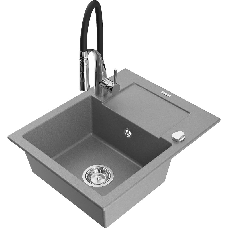 Mexen Enzo granite sink 1-bowl with drainer and kitchen faucet Aster, gray - 6506-71-73450-07